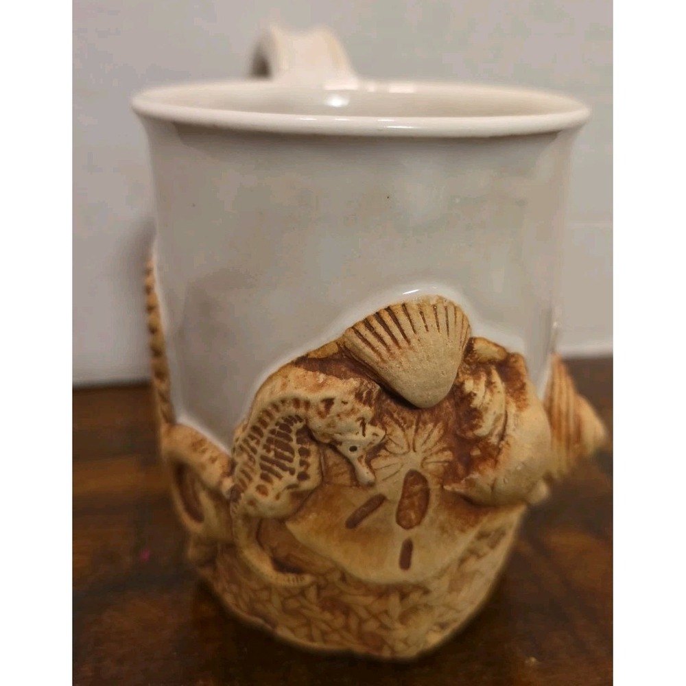 Vintage Leo Karin Retti Signed 1998 Stoneware Nautical Mug Basketweave Seahorse